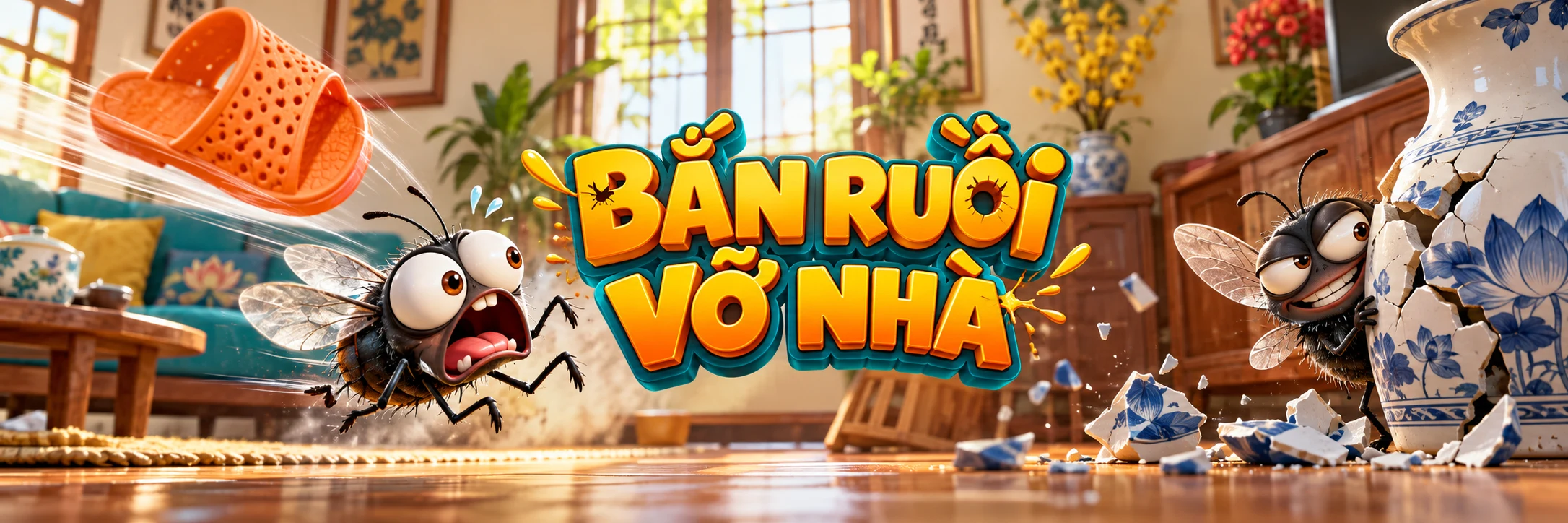 Chiếc dép bay giữa phòng khách đầy ruồi trong game Bắn Ruồi Vỡ Nhà