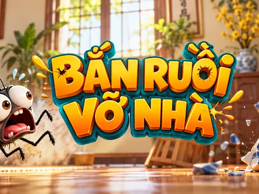 Chiếc dép bay giữa phòng khách đầy ruồi trong game Bắn Ruồi Vỡ Nhà