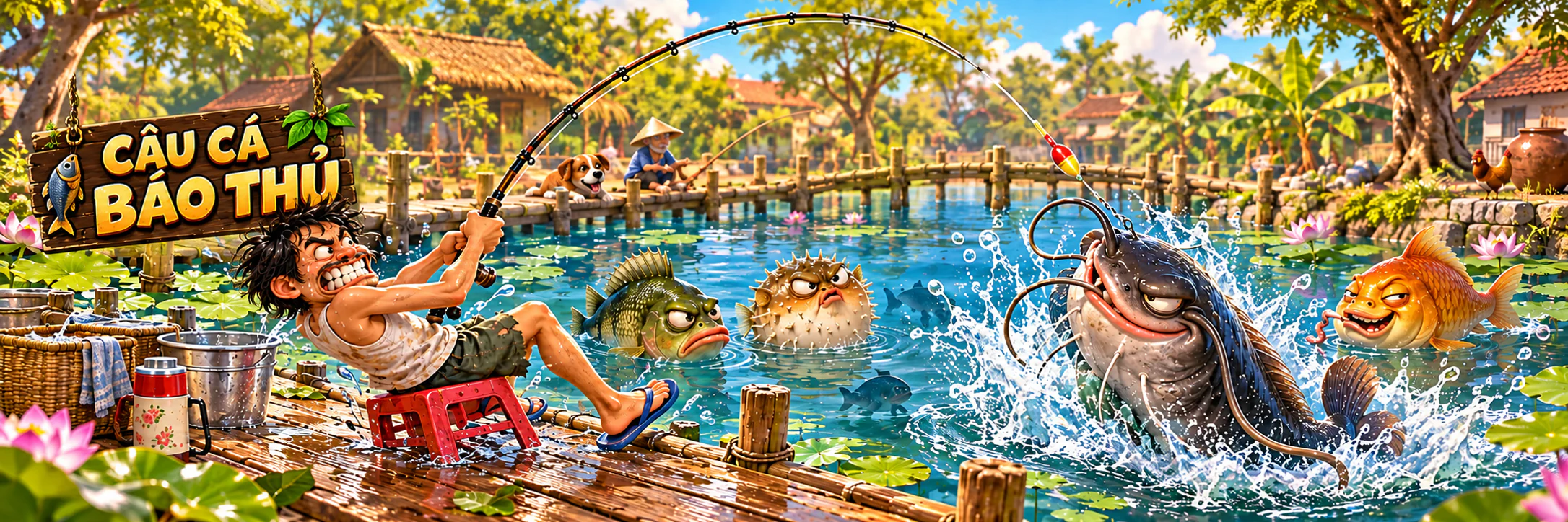 Cần thủ giương cần trước những con cá tinh quái trong game Câu Cá Báo Thủ