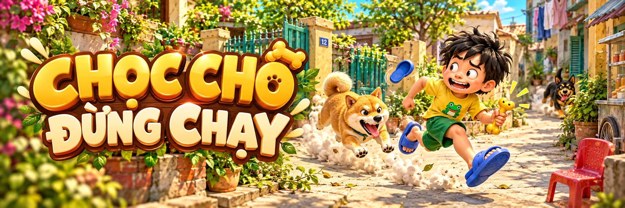 Cậu bé tinh nghịch chạy trước những chú chó trong xóm của game Chọc Chó Đừng Chạy