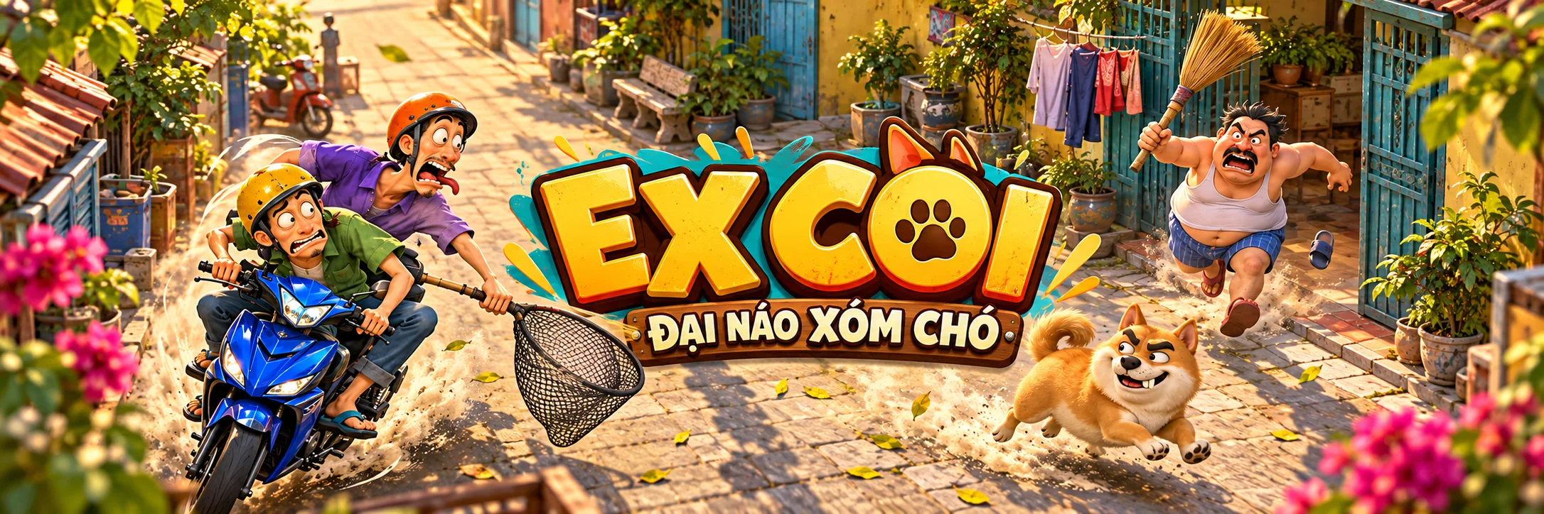 Hai bạn trẻ đi xe máy cầm vợt giữa xóm chó trong EX CÒI — Đại Náo Xóm Chó