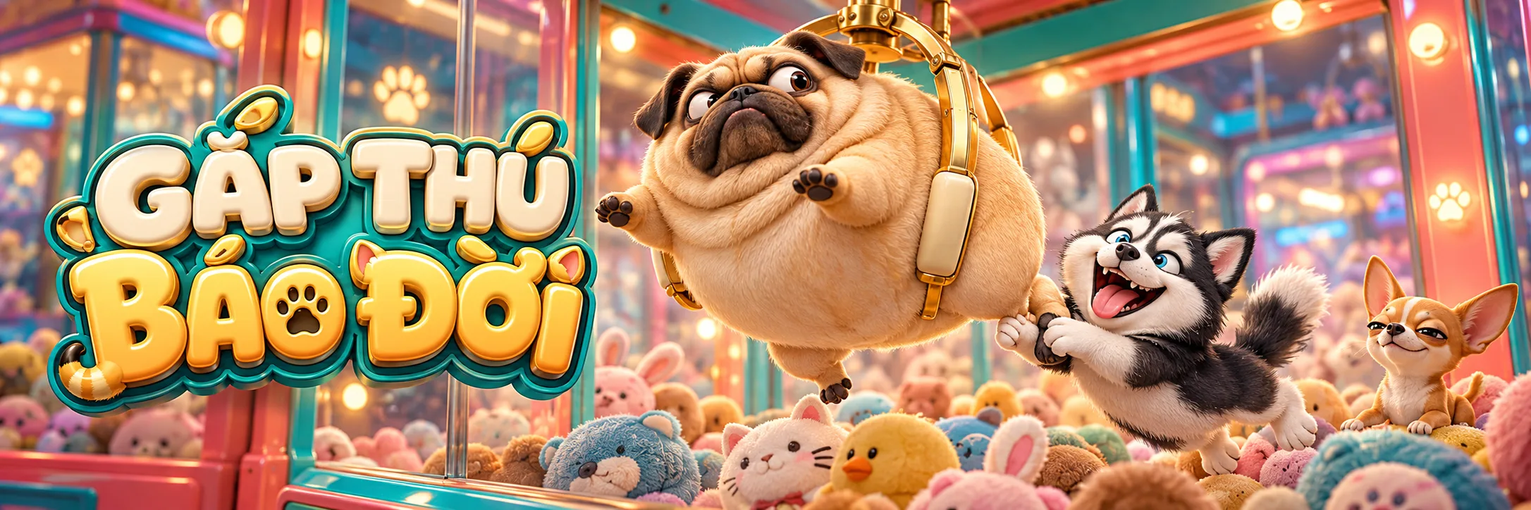 Máy gắp cùng những chú chó tinh nghịch trong game Gắp Thú Báo Đời