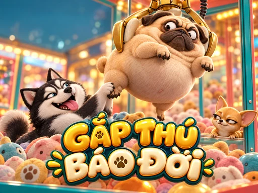 Máy gắp cùng những chú chó tinh nghịch trong game Gắp Thú Báo Đời