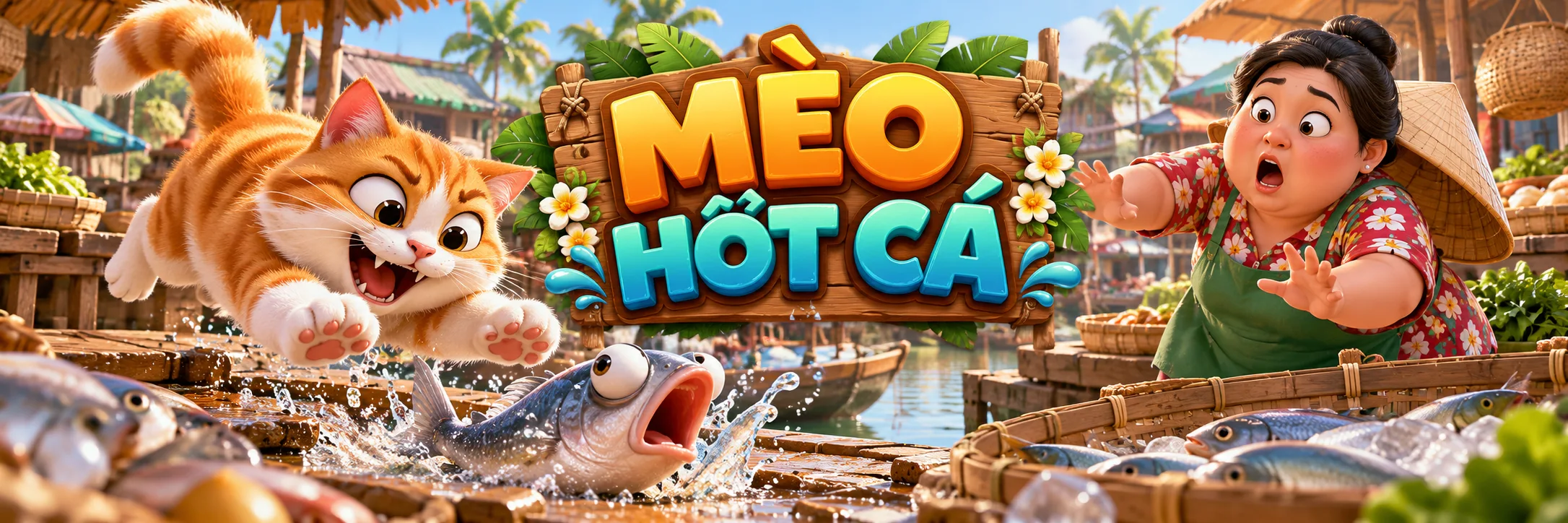 Mèo Mít vồ cá trong khu chợ của game Mèo Hốt Cá