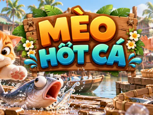 Mèo Mít lẻn dưới sạp cá trong game Mèo Hốt Cá