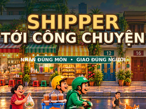 Hai shipper giao món trên đường phố trong game Shipper Tới Công Chuyện