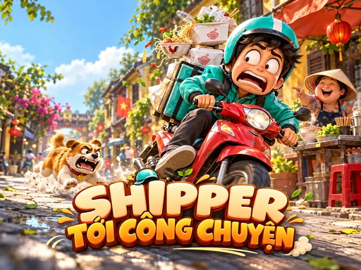 Hai shipper giao món trên đường phố trong game Shipper Tới Công Chuyện