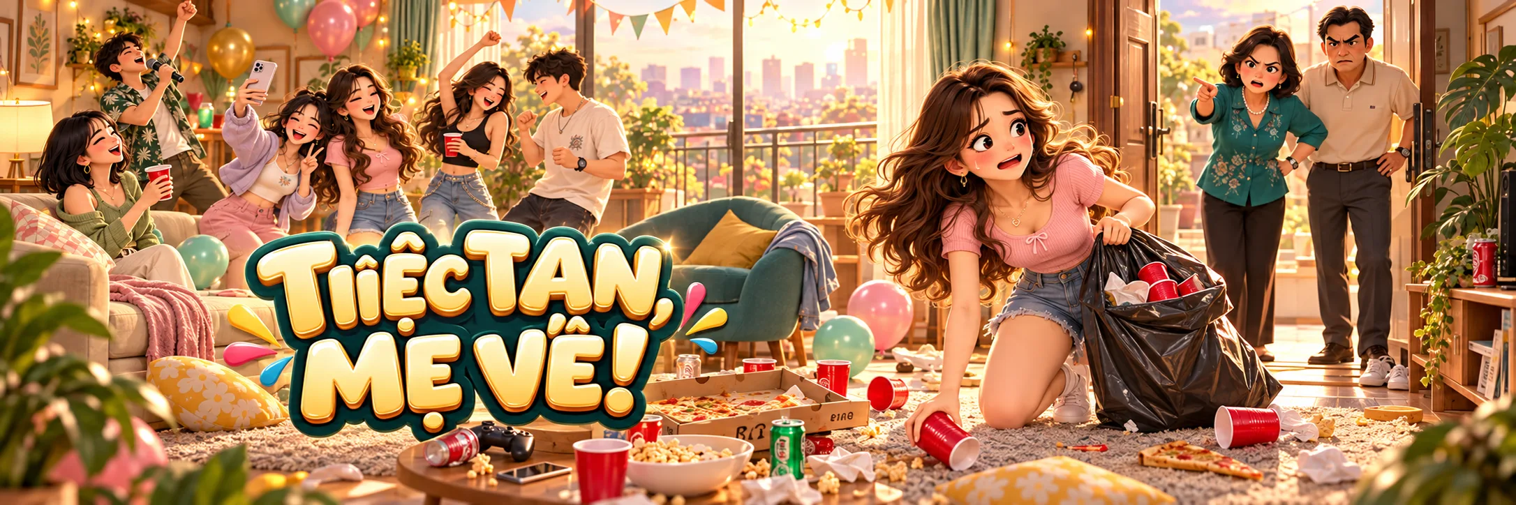 Bữa tiệc trong phòng khách của game Tiệc Tan, Mẹ Về!