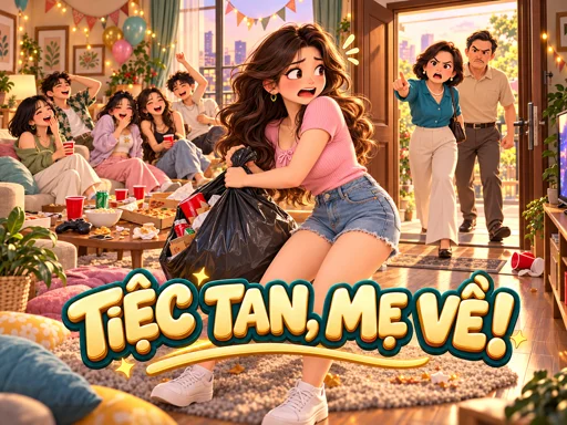Cô gái vội dọn phòng khách sau bữa tiệc trong game Tiệc Tan, Mẹ Về!