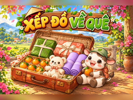 Bé Bò bên chiếc vali quà trong game Xếp Đồ Về Quê