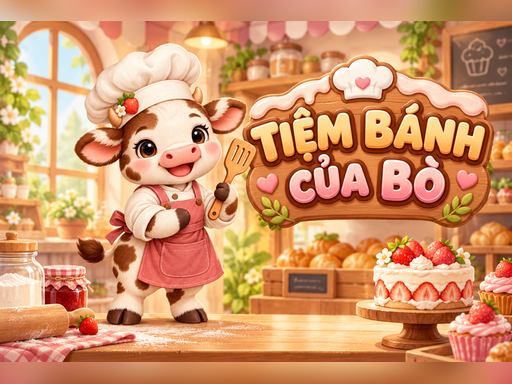 Bé Bò đầu bếp đội mũ kem, mặc tạp dề hồng.