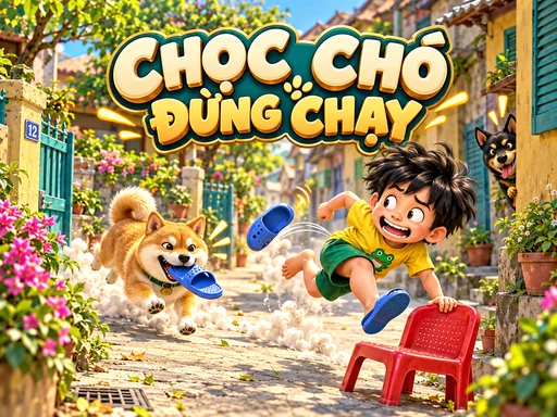 Cậu bé tinh nghịch chạy trước những chú chó trong xóm của game Chọc Chó Đừng Chạy