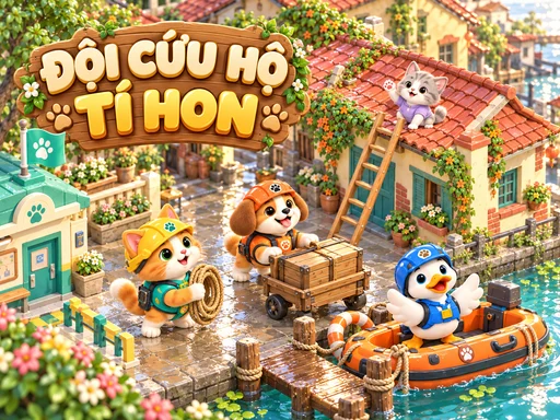 Mít, Bắp và Bông trong Đội Cứu Hộ Tí Hon đang phối hợp cứu bạn giữa khu phố sau mưa