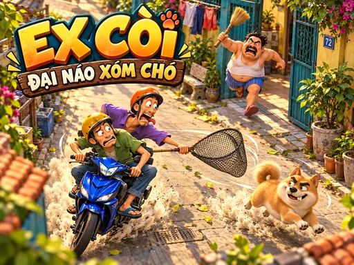 Hai bạn trẻ đi xe máy cầm vợt đuổi theo những chú chó trong EX CÒI — Đại Náo Xóm Chó