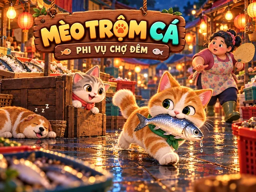 Mèo Trộm Cá Phi Vụ Chợ Đêm với hai mèo mang cá qua khu chợ sáng đèn