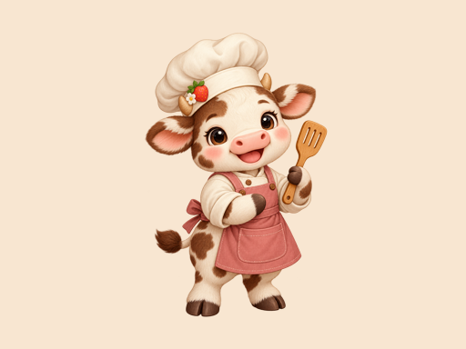 Bé Bò đầu bếp đội mũ kem, mặc tạp dề hồng.