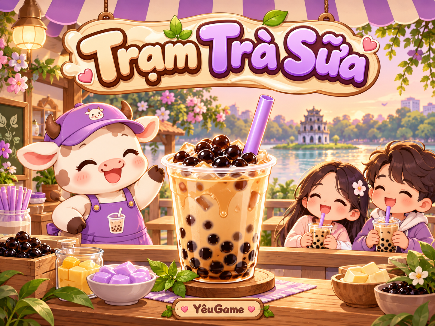 Bé Bò đội mũ tím bên ly trà sữa trân châu và quầy trà sữa ven hồ.