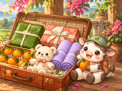 Bé Bò bên chiếc vali quà trong game Xếp Đồ Về Quê